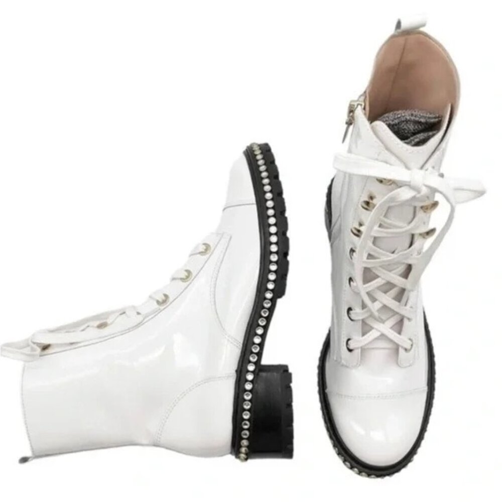 Schutz “Andorra” White Patent Leather Laced Up Combat Boots W/ Rhinestones US 9B - Picture 2 of 12